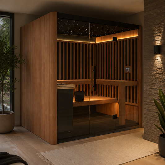 A modern wooden sauna cabin with glass doors, built into a stylish interior with warm lighting, a stone wall, and potted plants.