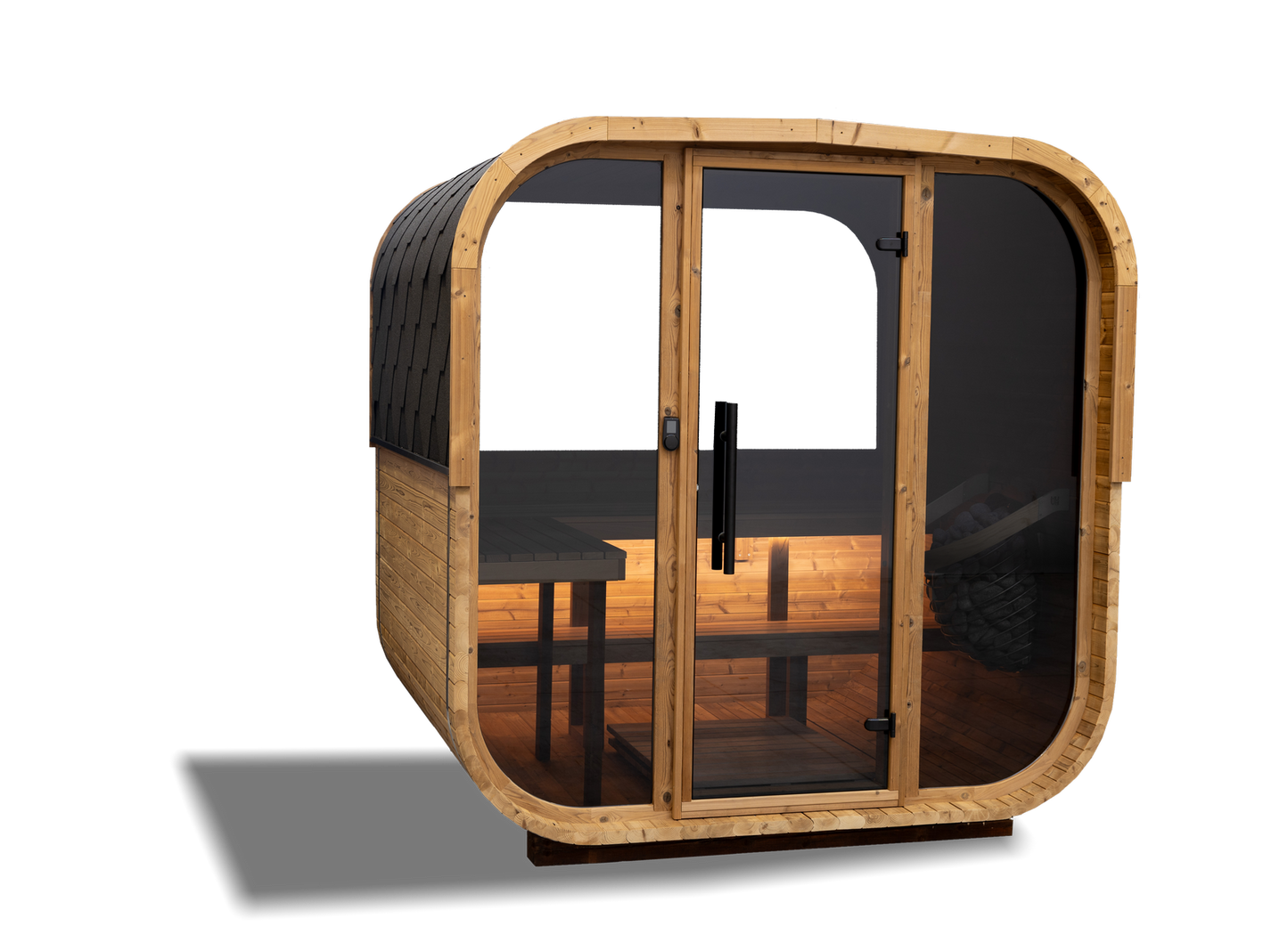 HANSCRAFT Quadra X sauna front and side view showing the rounded square cabin shape