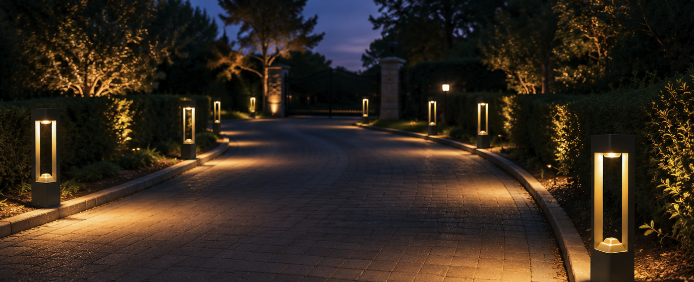 Outdoor LED bollard pathway light installed in a landscaped garden