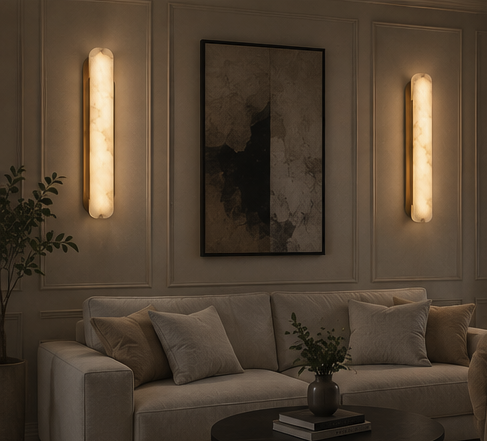 Ovale alabaster wall sconce lighting a hallway at low level