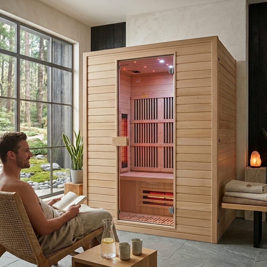 Man sitting in a chair reading a book next to a wooden infrared sauna in a room with large windows.