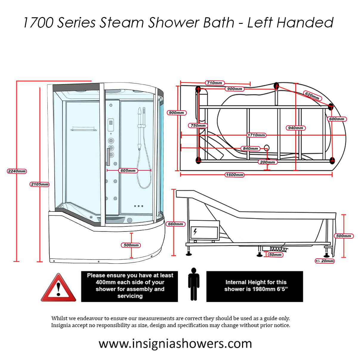 Insignia 1700 Steam Shower Bath dimensions and technical schematic