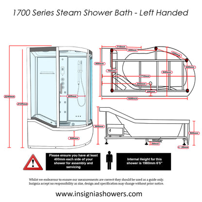 Insignia 1700 Steam Shower Bath dimensions and technical schematic