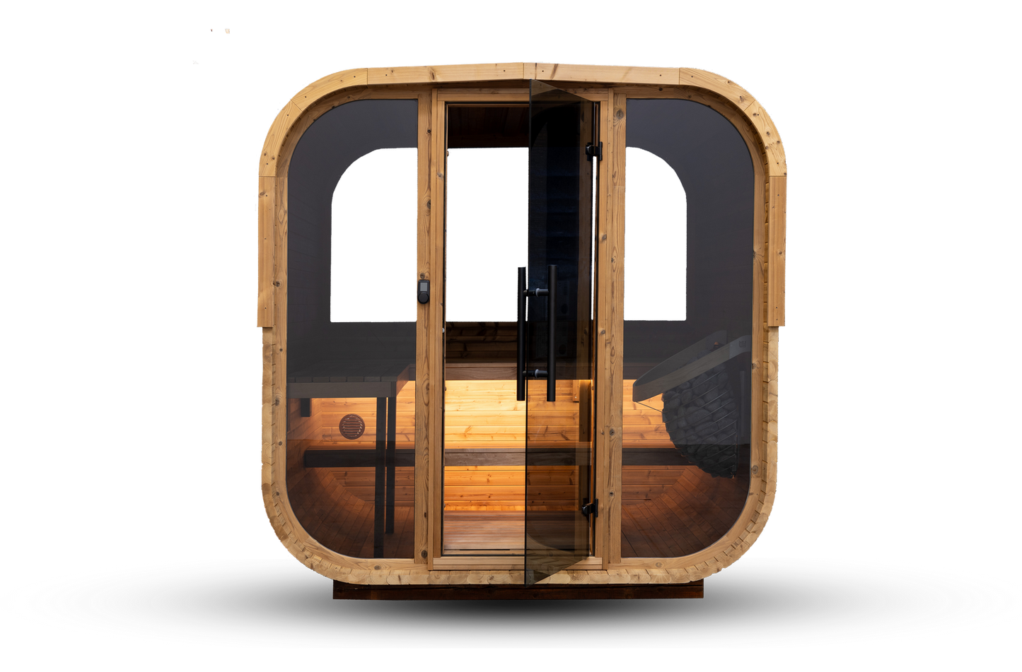 HANSCRAFT Quadra X outdoor sauna in thermo pine with rounded corners and fully glazed 8mm front