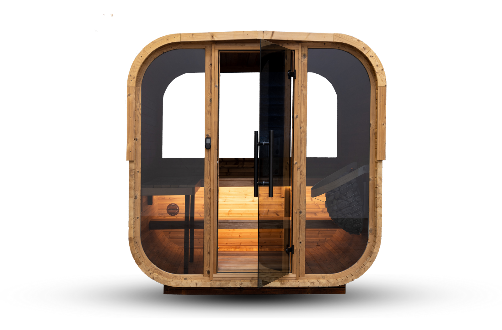 HANSCRAFT Quadra X outdoor sauna in thermo pine with rounded corners and fully glazed 8mm front