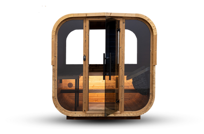 HANSCRAFT Quadra X outdoor sauna in thermo pine with rounded corners and fully glazed 8mm front