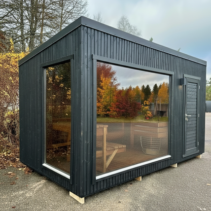 Modular building with large windows reflecting trees and sky