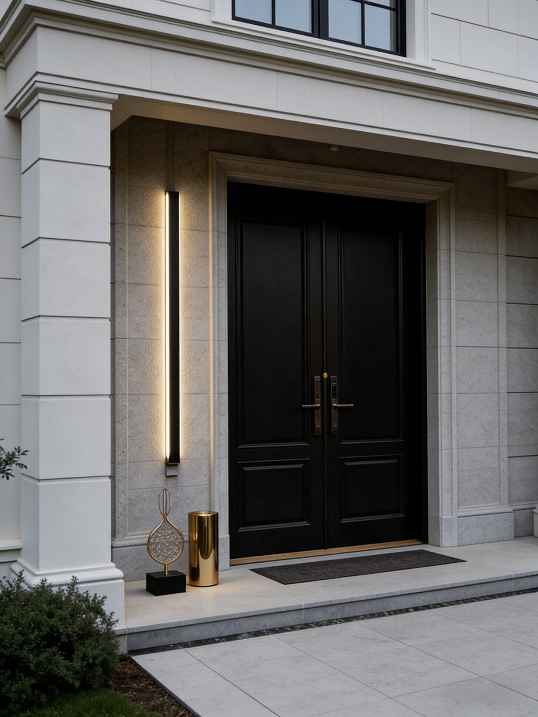 Modern black door with gold handle on a light gray building facade