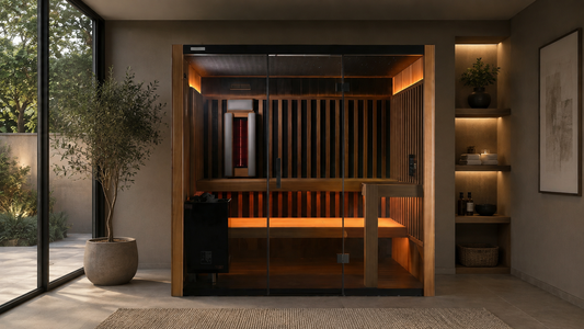 A modern wooden indoor sauna cabin with glass doors, warm ambient lighting, built-in seating, and a small black side unit, shown in a styled interior room with shelving and a large window.