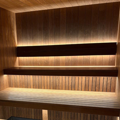 EBON outdoor sauna with integrated shower, front exterior