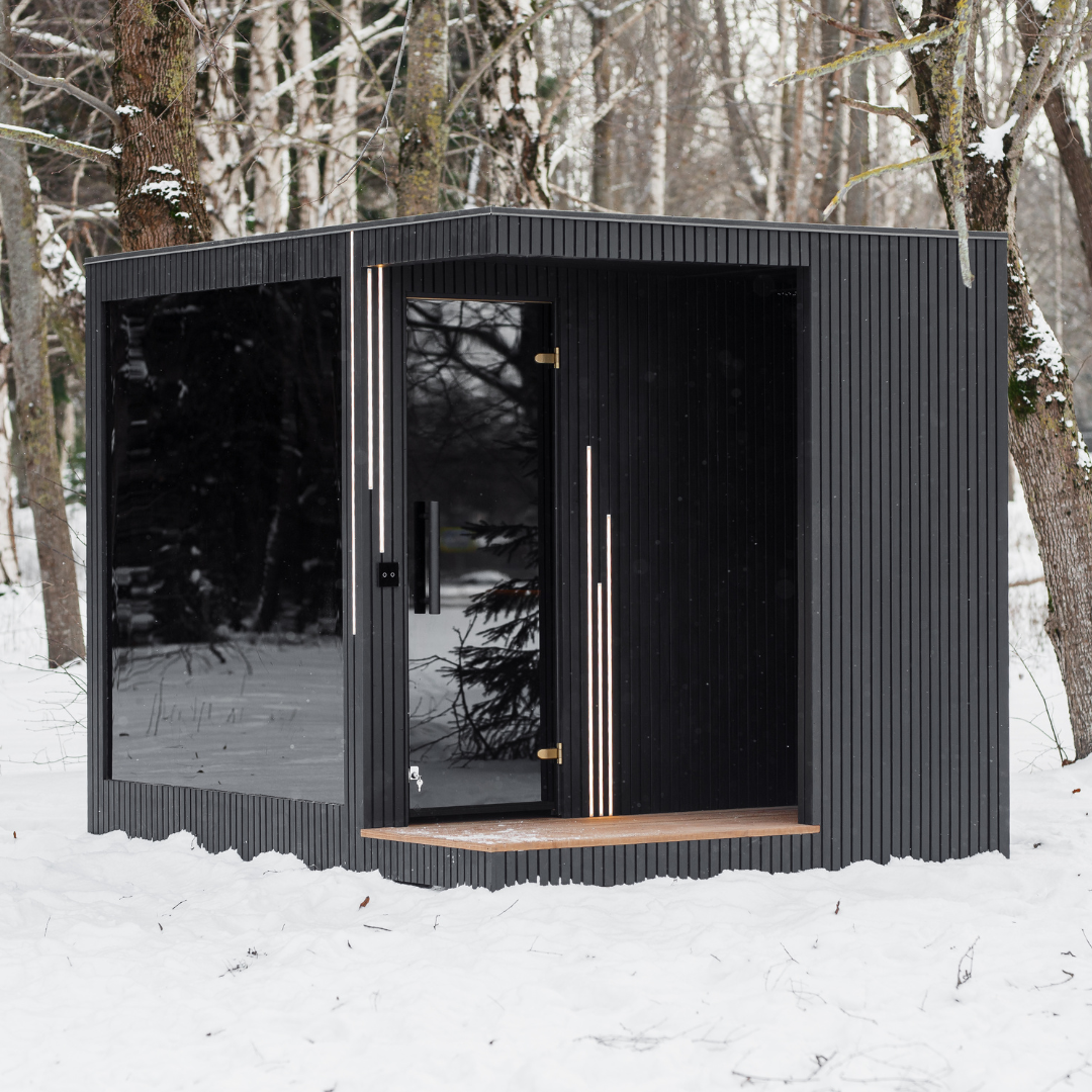 EBON outdoor sauna with shower, exterior view in thermo triple pine with black tempered glass