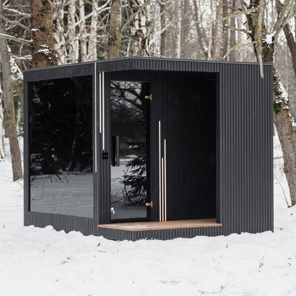 EBON outdoor sauna with shower, exterior view in thermo triple pine with black tempered glass