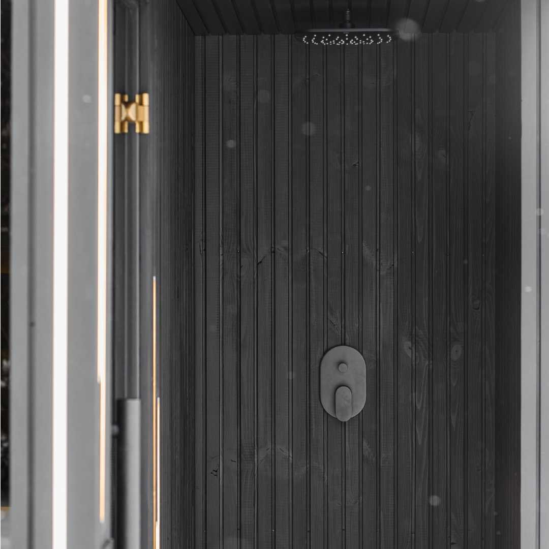 EBON outdoor sauna with shower, rear and side elevation