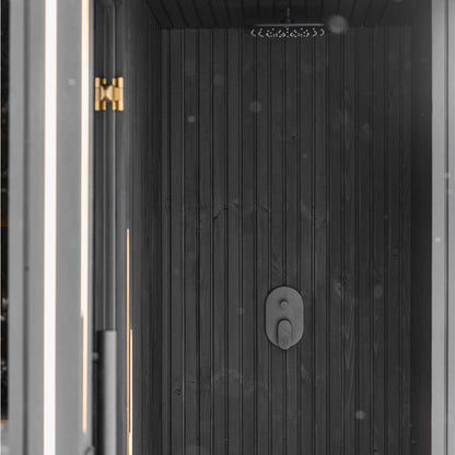 EBON outdoor sauna with shower, rear and side elevation