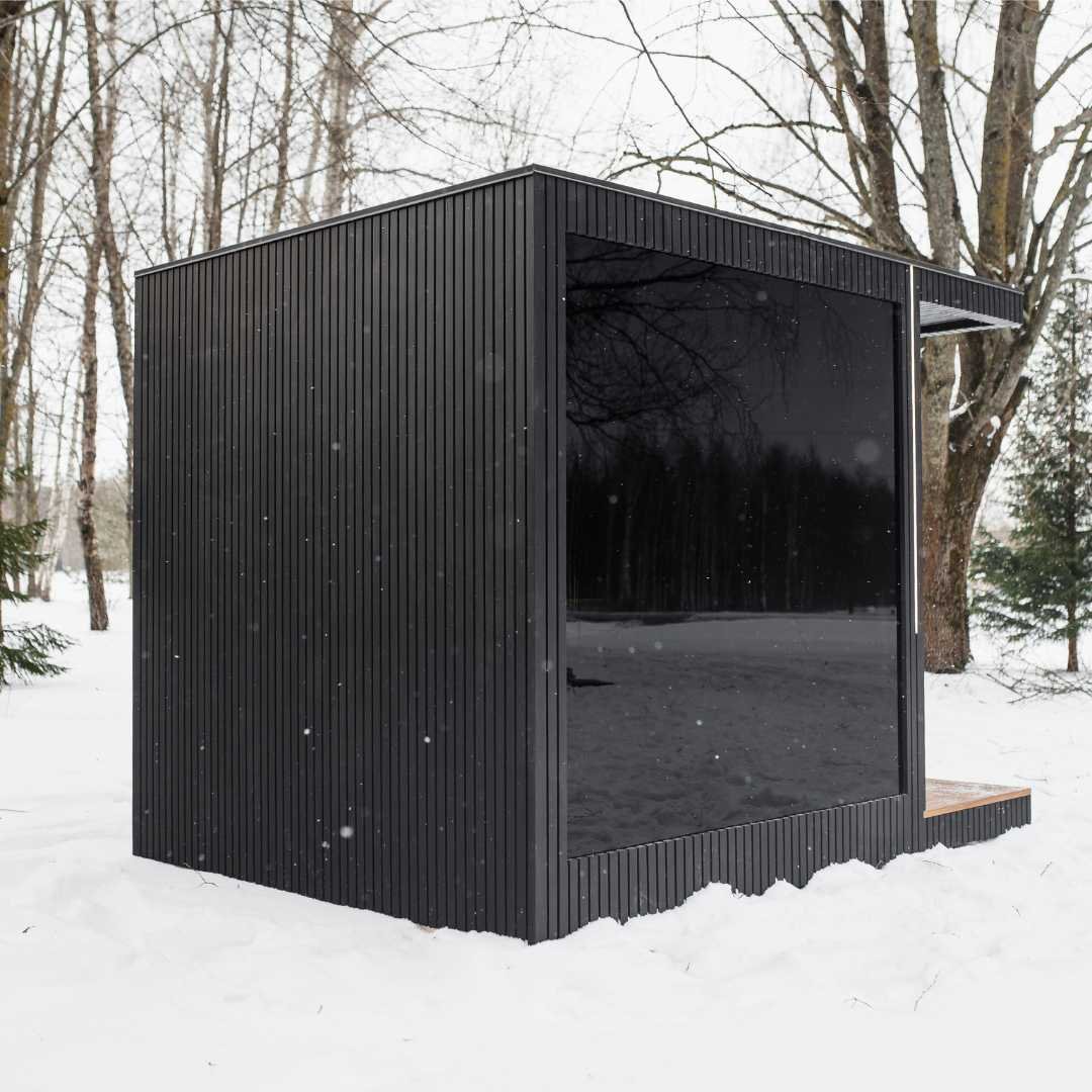 EBON sauna interior showing bench layout and black glass window