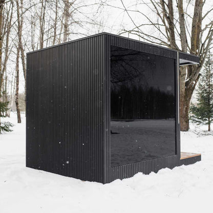 EBON sauna interior showing bench layout and black glass window