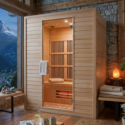Wooden sauna with mountain view in a cozy room