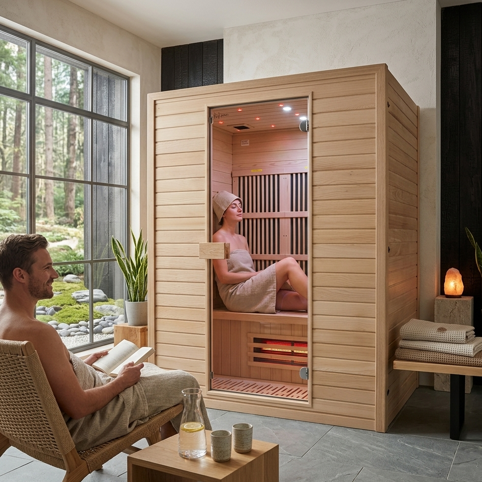 Two people in a wooden infrared sauna with a man reading a book and a woman sitting inside.
