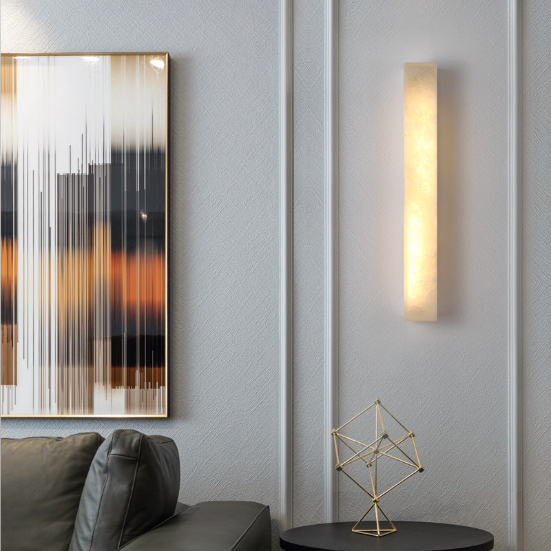 Alabaster copper bar wall sconce detail lit