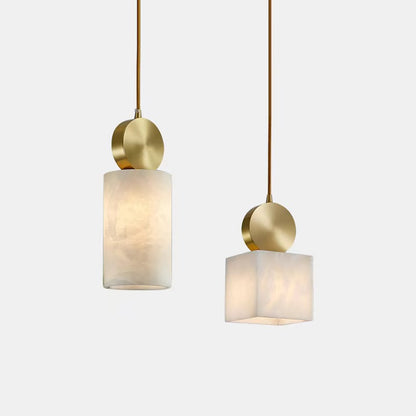 Stone-effect pendant lights with brushed gold frames, round and square shades