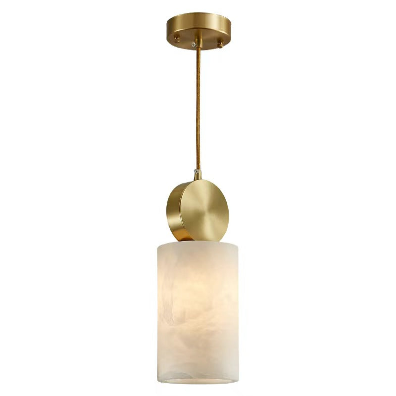 Round stone-effect pendant light with brushed gold ceiling mount