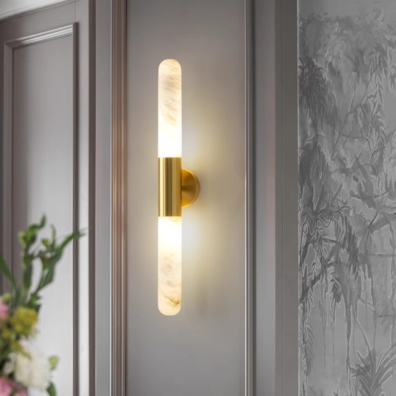 Alabaster column wall lamp in bedroom warm white