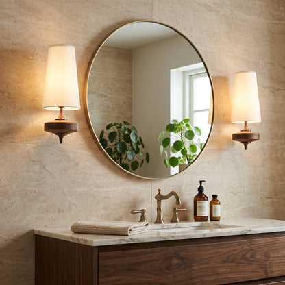Walnut and brass wall sconce shown in all three linen shade colours