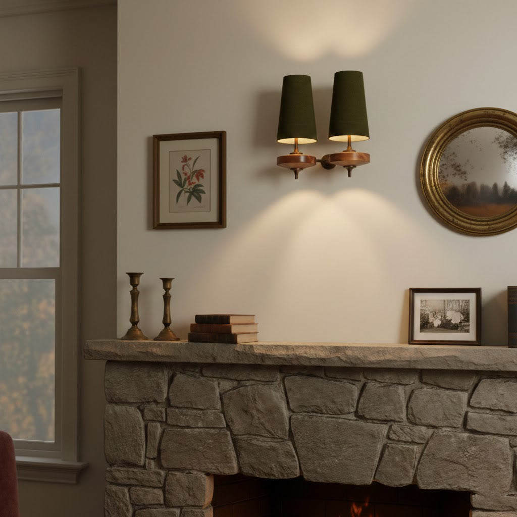 Walnut and brass wall sconce double head