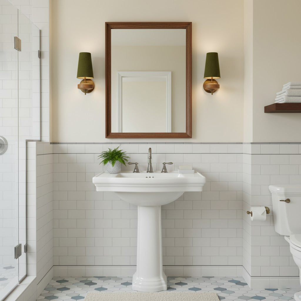 Walnut and brass wall sconce in forest green linen