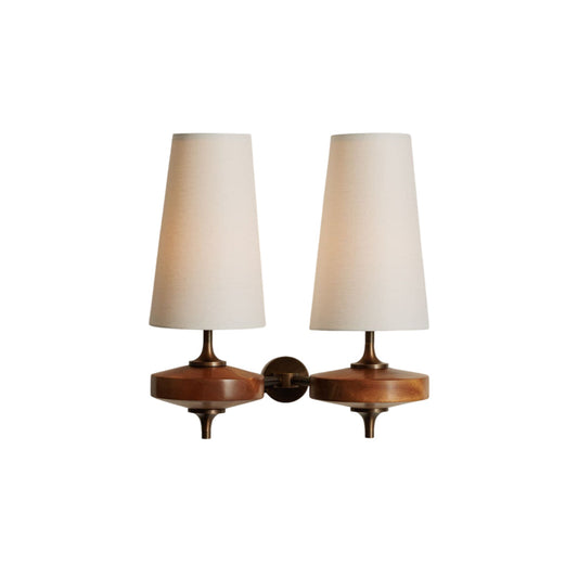 Walnut and brass wall sconce with linen shade