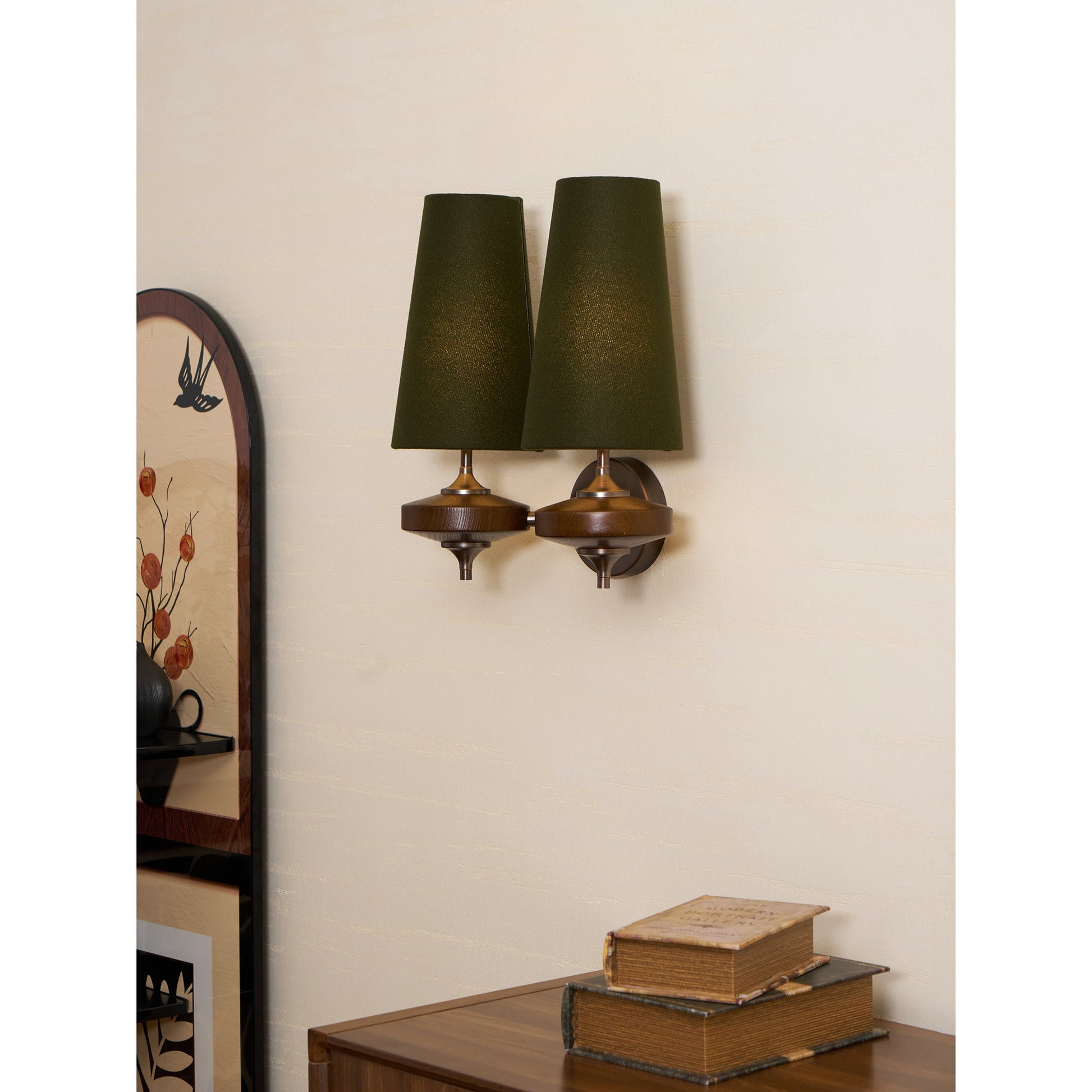 Walnut and brass wall sconce lifestyle