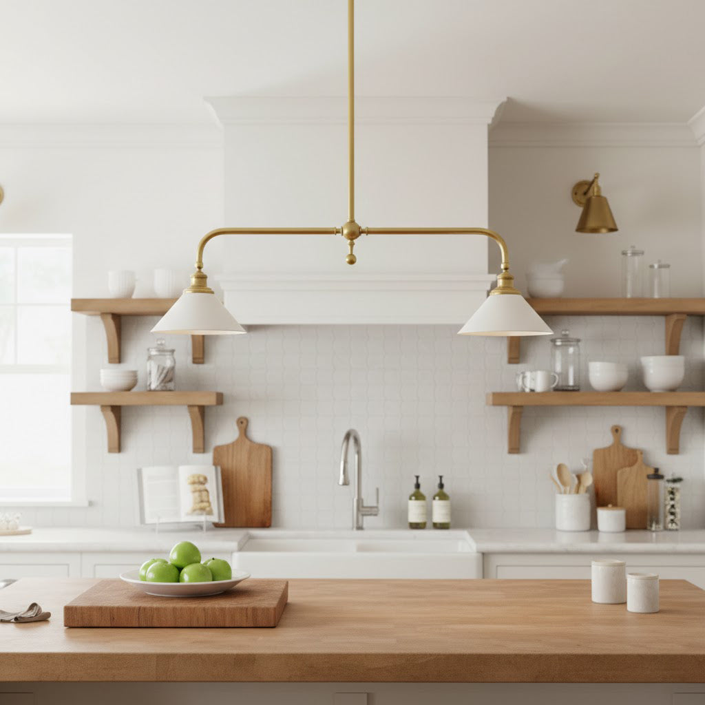 Hartwell pendant lights styled above a kitchen island