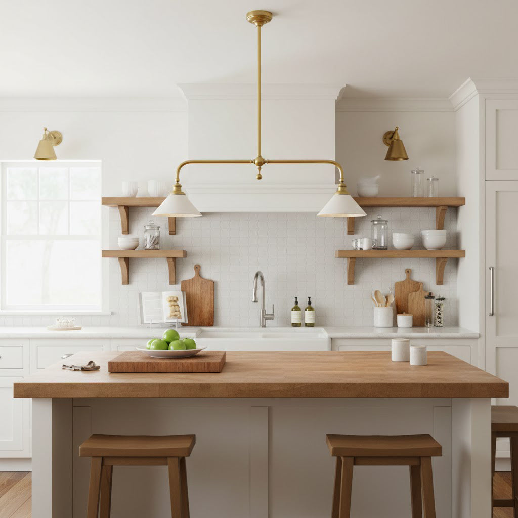 Hartwell brass pendant lights in a modern kitchen