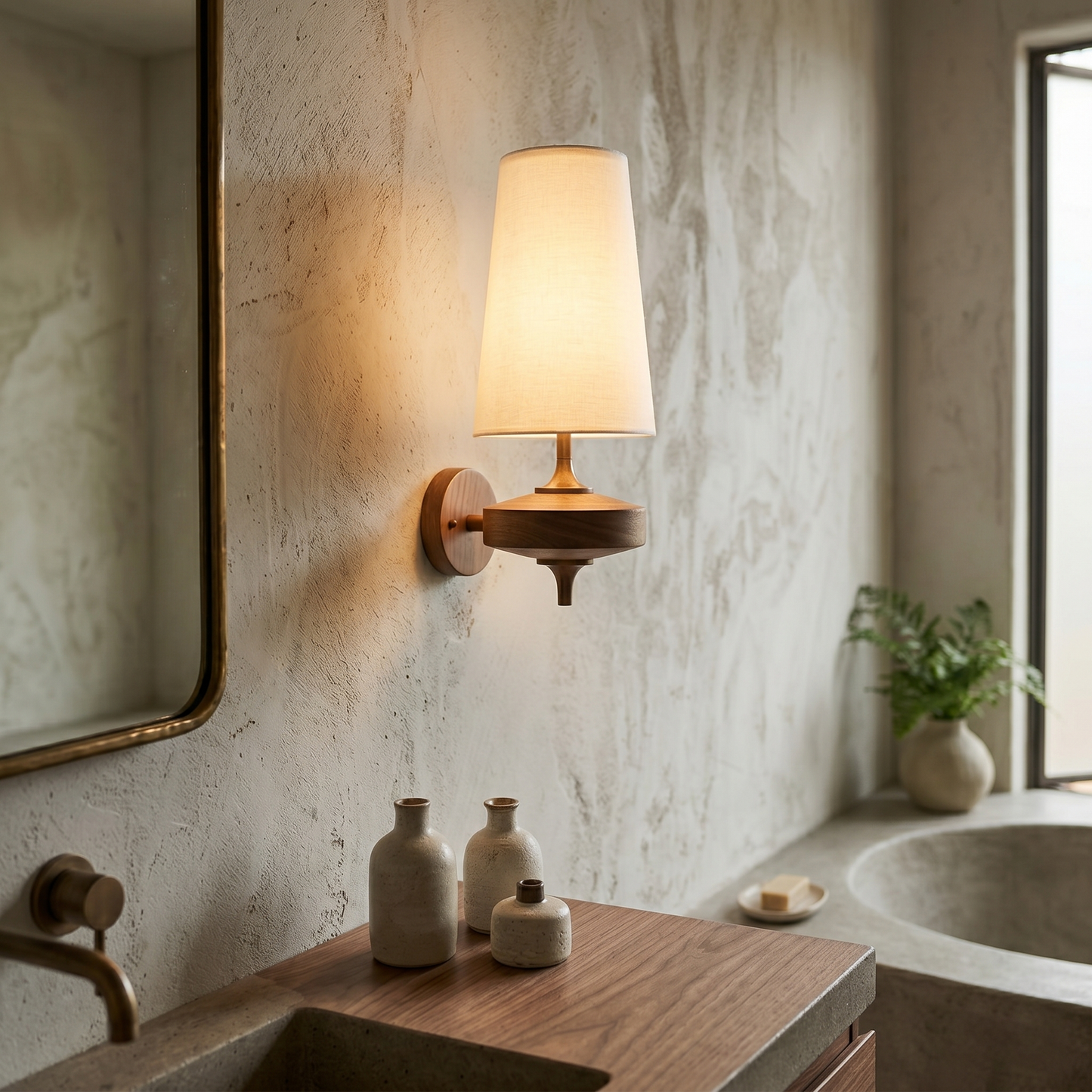 Single walnut and brass wall sconce with white linen shade