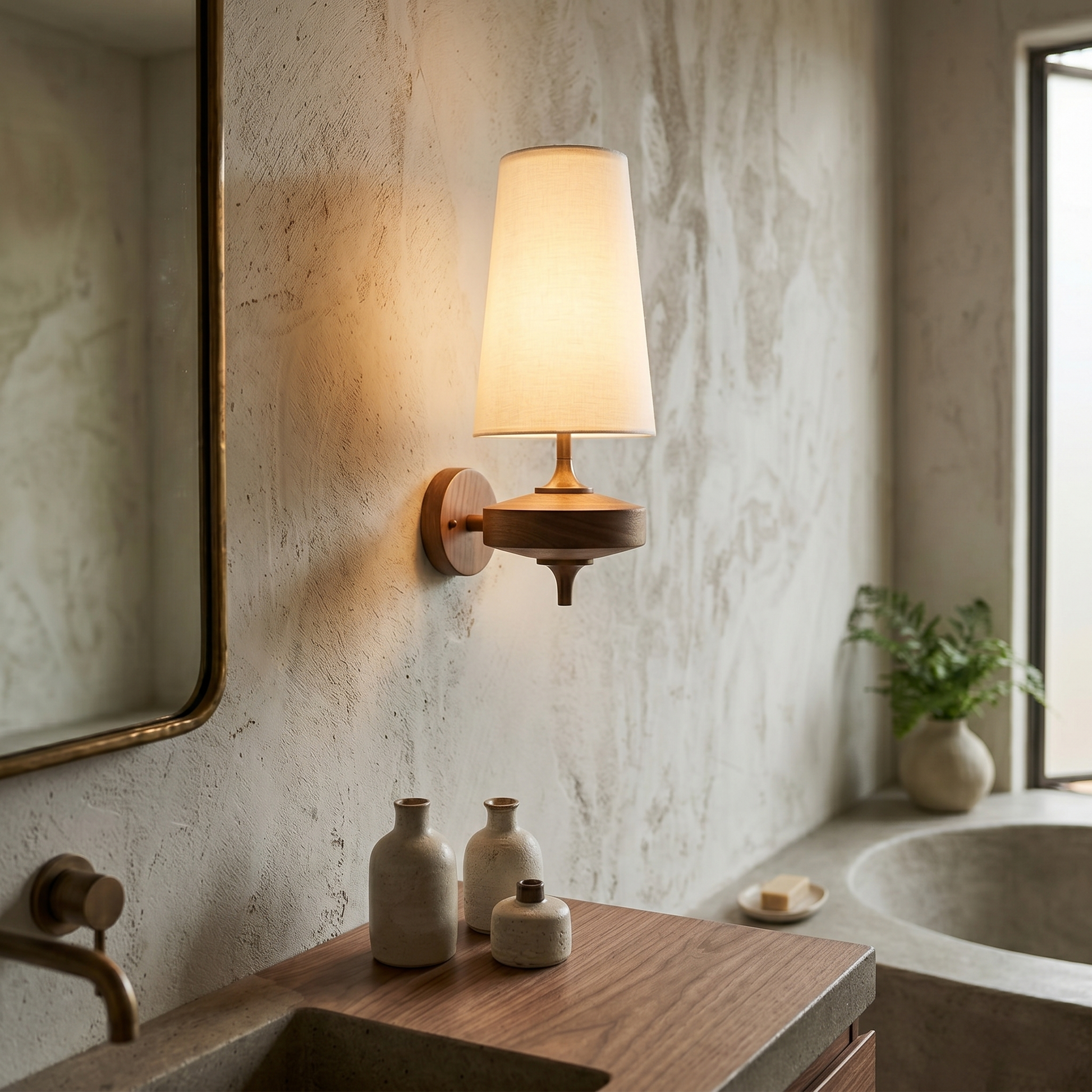 Single walnut and brass wall sconce with white linen shade