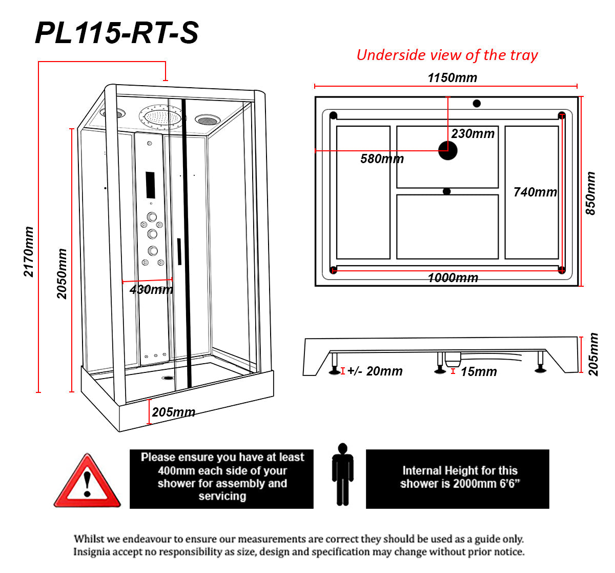 Insignia Platinum Steam Shower 1150x850mm dimensions and technical schematic