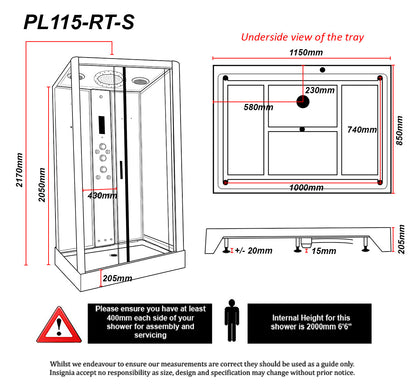 Insignia Platinum Steam Shower 1150x850mm dimensions and technical schematic