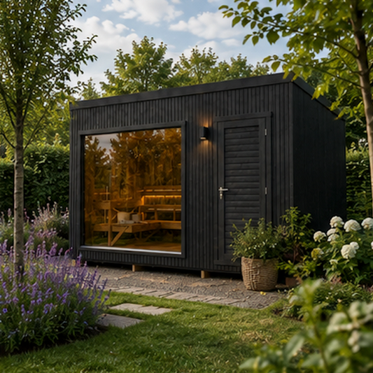 Black garden shed with glass door in a garden setting