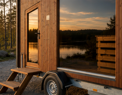The Nomad mobile sauna exterior with panoramic glass and wood cladding