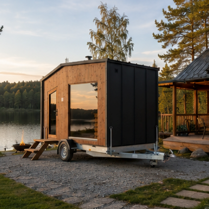 The Nomad towable mobile sauna beside a lakeside cabin among trees