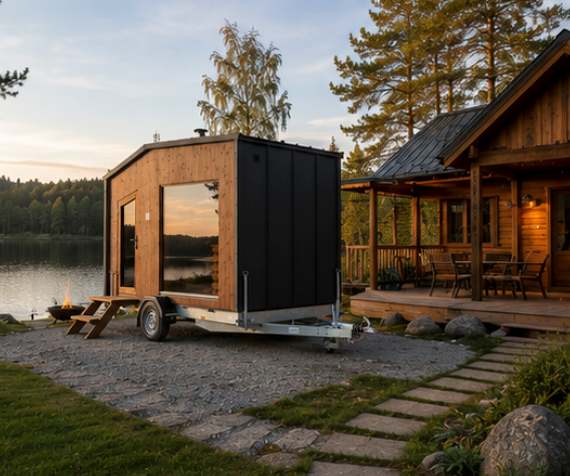 The Nomad towable mobile sauna parked among trees