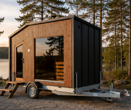 The Nomad towable mobile sauna with thermo-wood and matt-black cladding