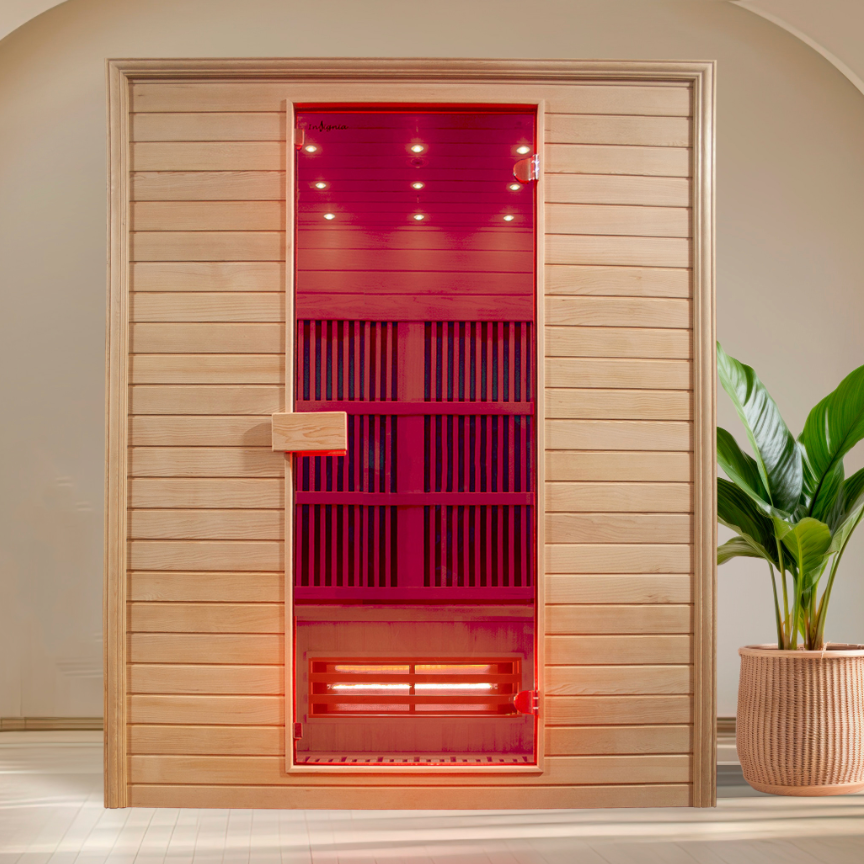 Wooden sauna door with red interior light and a plant on the right side.