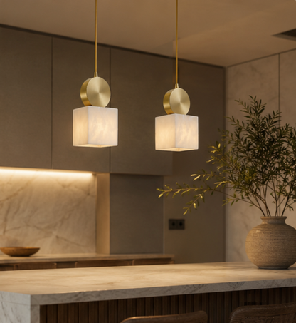 Aura Stone-Effect Pendant Light – Brushed Gold Dimmable LED