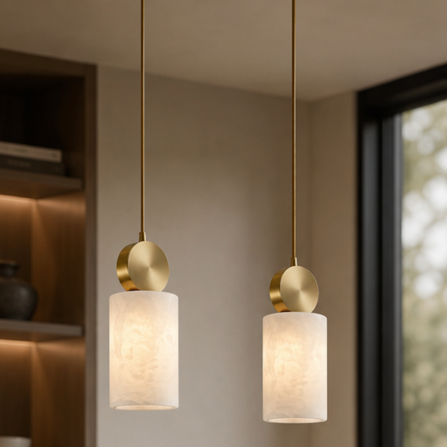 Aura Stone-Effect Pendant Light – Brushed Gold Dimmable LED