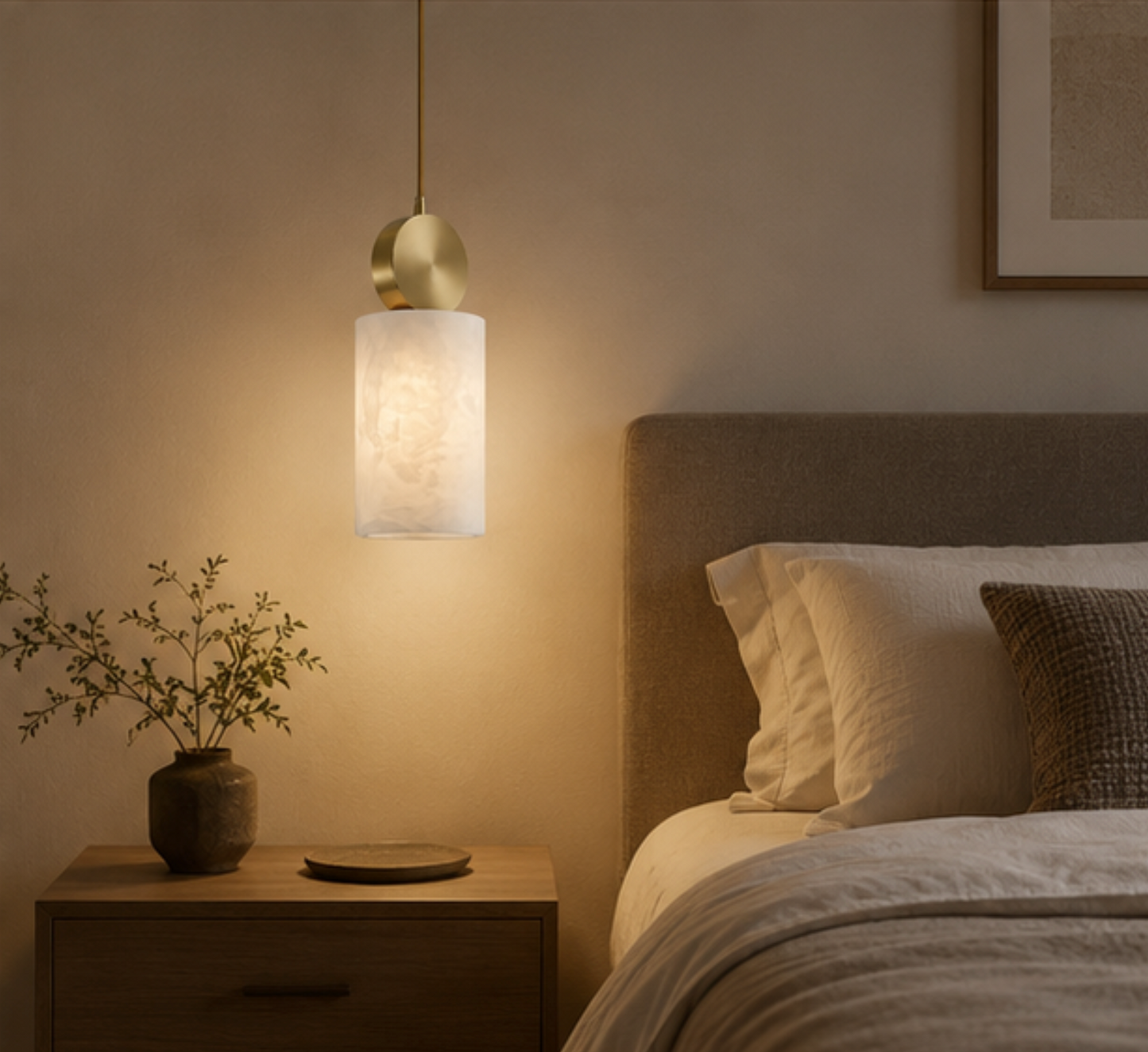 Aura Stone-Effect Pendant Light – Brushed Gold Dimmable LED