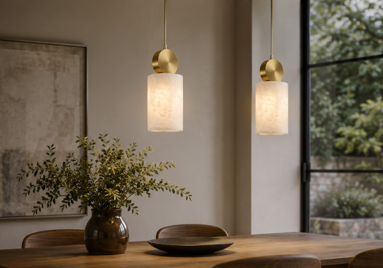 Aura Stone-Effect Pendant Light – Brushed Gold Dimmable LED