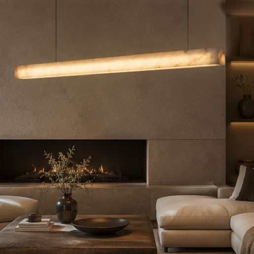 A modern living room interior with a long horizontal linear pendant light glowing above a fireplace. The room features textured concrete walls, a beige sectional sofa, a wooden coffee table with a dark vase of branches, and built-in shelving with warm ambient lighting.