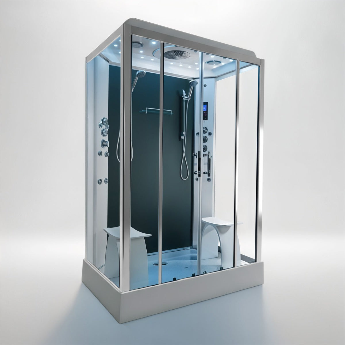 Platinum twin steam shower 1400x900mm chrome frame with anthracite matte back wall