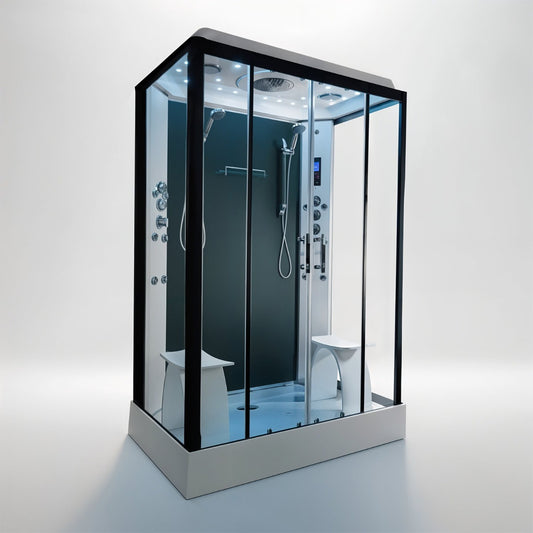 Platinum twin steam shower 1400x900mm black frame with anthracite matte back wall